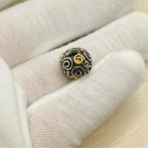 EUC Pandora 790414 Sterling Silver w/ 14k Yellow Gold Rose Bud Bead - Picture 4 of 13